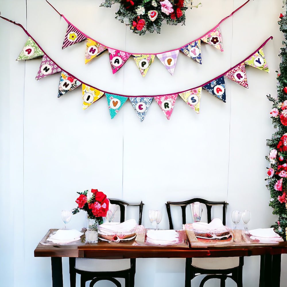 Upcycled Fabric Bunting "Happy Anniversary" – Wall Decor on Brown Living™. SKU: UMW - BUNTING - ANNIVERSARY - 01. Img 2.