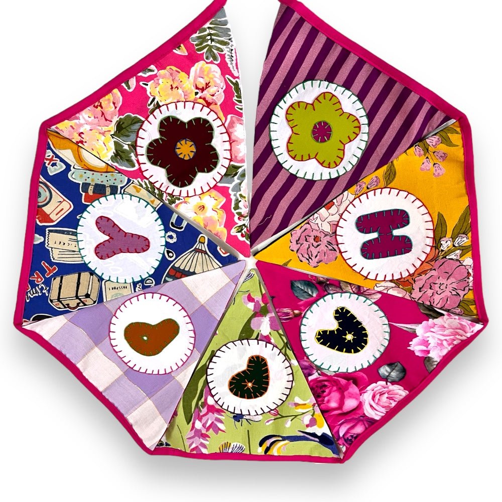 Upcycled Fabric Bunting "Happy Anniversary" – Wall Decor on Brown Living™. SKU: UMW - BUNTING - ANNIVERSARY - 01. Img 3.