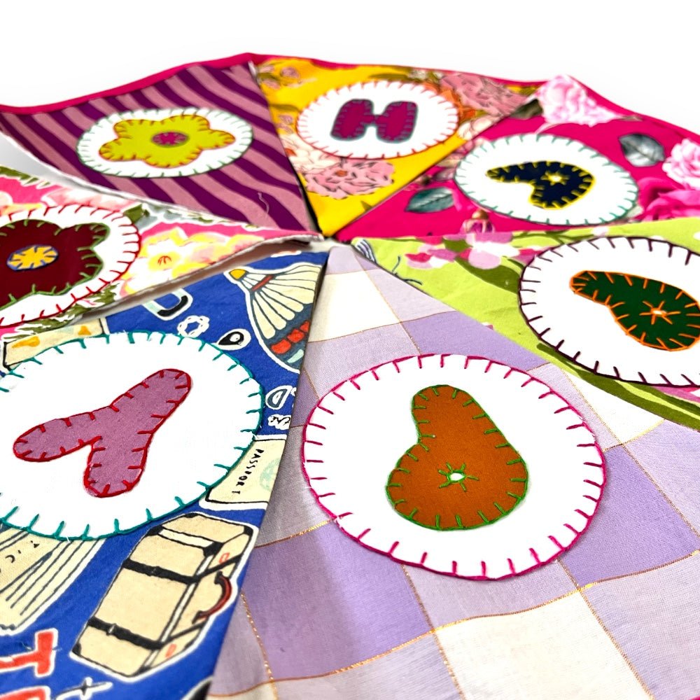 Upcycled Fabric Bunting "Happy Anniversary" – Wall Decor on Brown Living™. SKU: UMW - BUNTING - ANNIVERSARY - 01. Img 6.