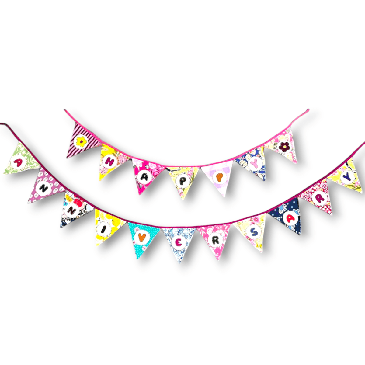 Upcycled Fabric Bunting "Happy Anniversary" – Wall Decor on Brown Living™. SKU: UMW - BUNTING - ANNIVERSARY - 01. Img 1.