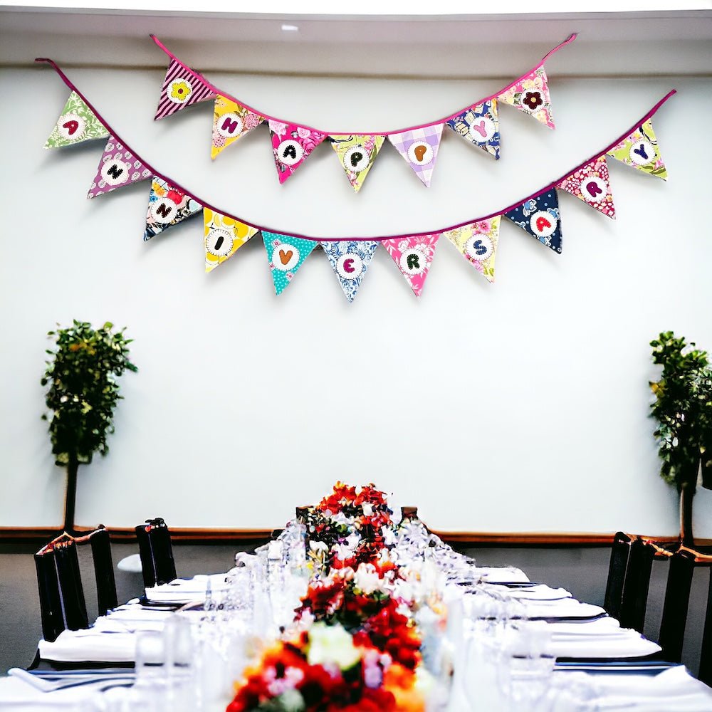 Upcycled Fabric Bunting "Happy Anniversary" – Wall Decor on Brown Living™. SKU: UMW - BUNTING - ANNIVERSARY - 01. Img 8.