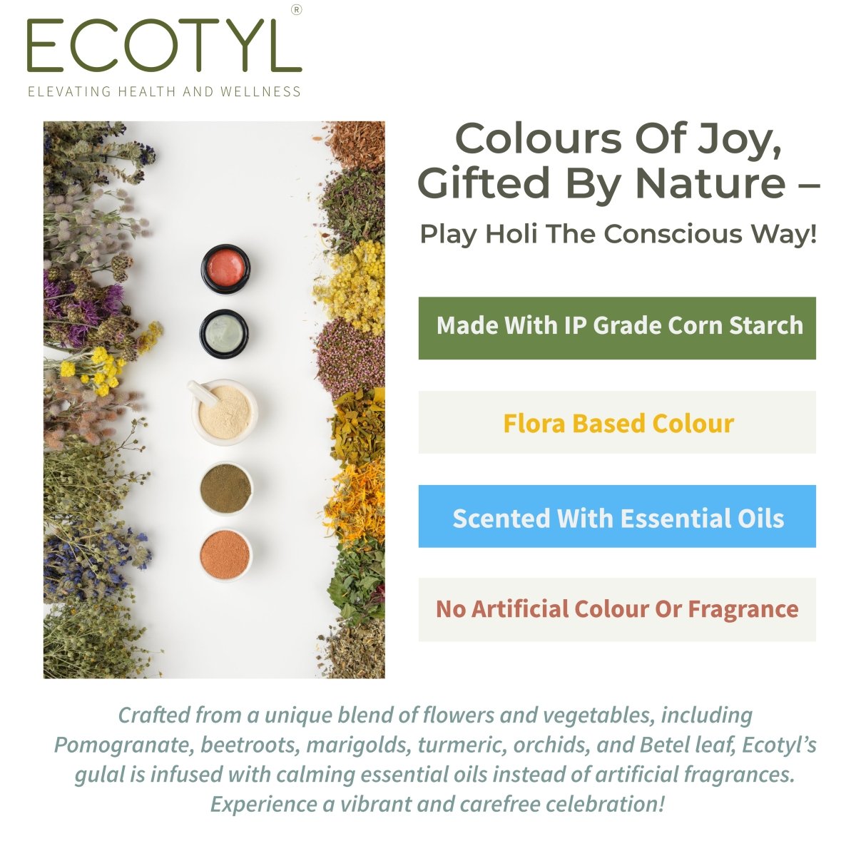 Holi Organic Herbal Gulal | Floral Color & Skin Friendly | Set of 4 Colors (100g Each) – Religious Items on Brown Living™. SKU: ECOTYL00031. Img 3.