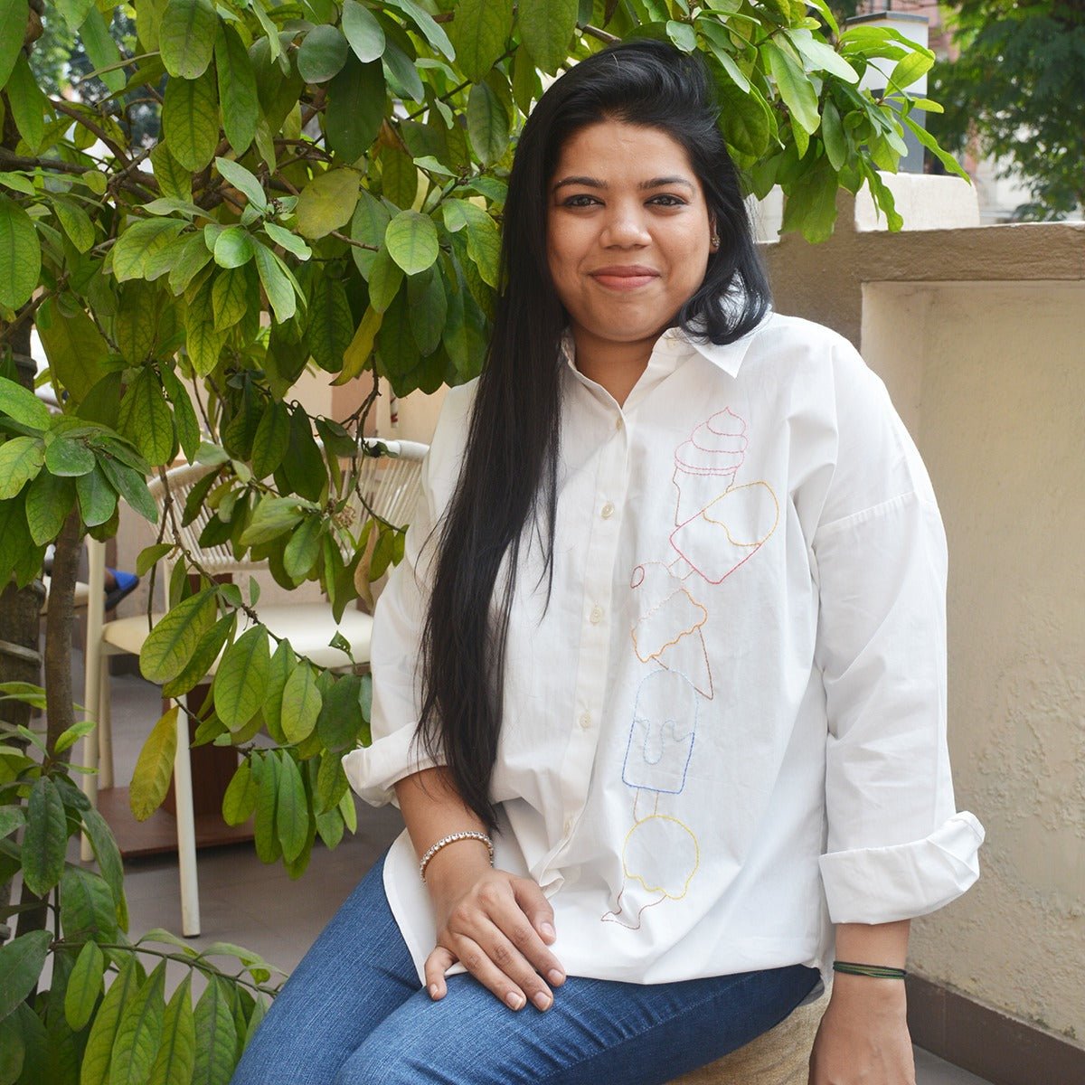 Ice Cream Embroidered Shirt for Women - White – Womens Shirt on Brown Living™. SKU: NANWS001EMB029 - S. Img 1.