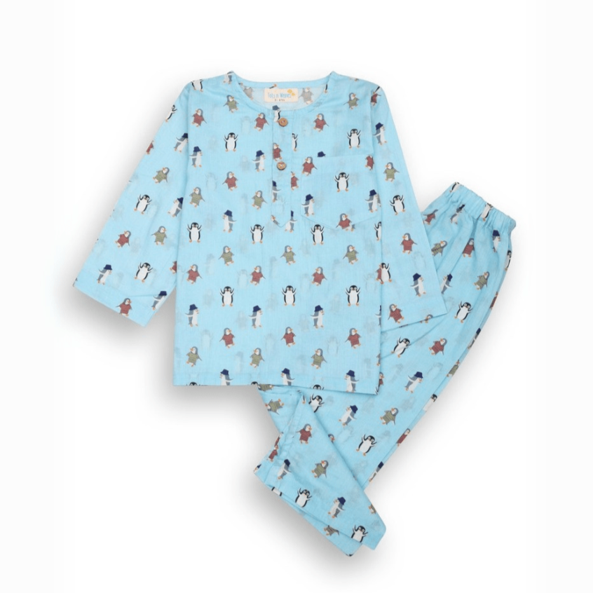 100% Cotton Icy Snuggles Kids Kurta & Pants Set – Kids Nightwear on Brown Living™. SKU: oceanblue - organic - cotton - shirt - 014473. Img 2.