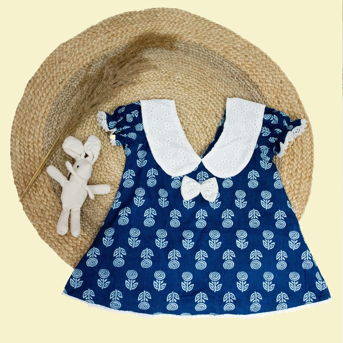 Indigo Printed Cotton Baby Dress with Rose Design | Verified Sustainable by Brown Living™