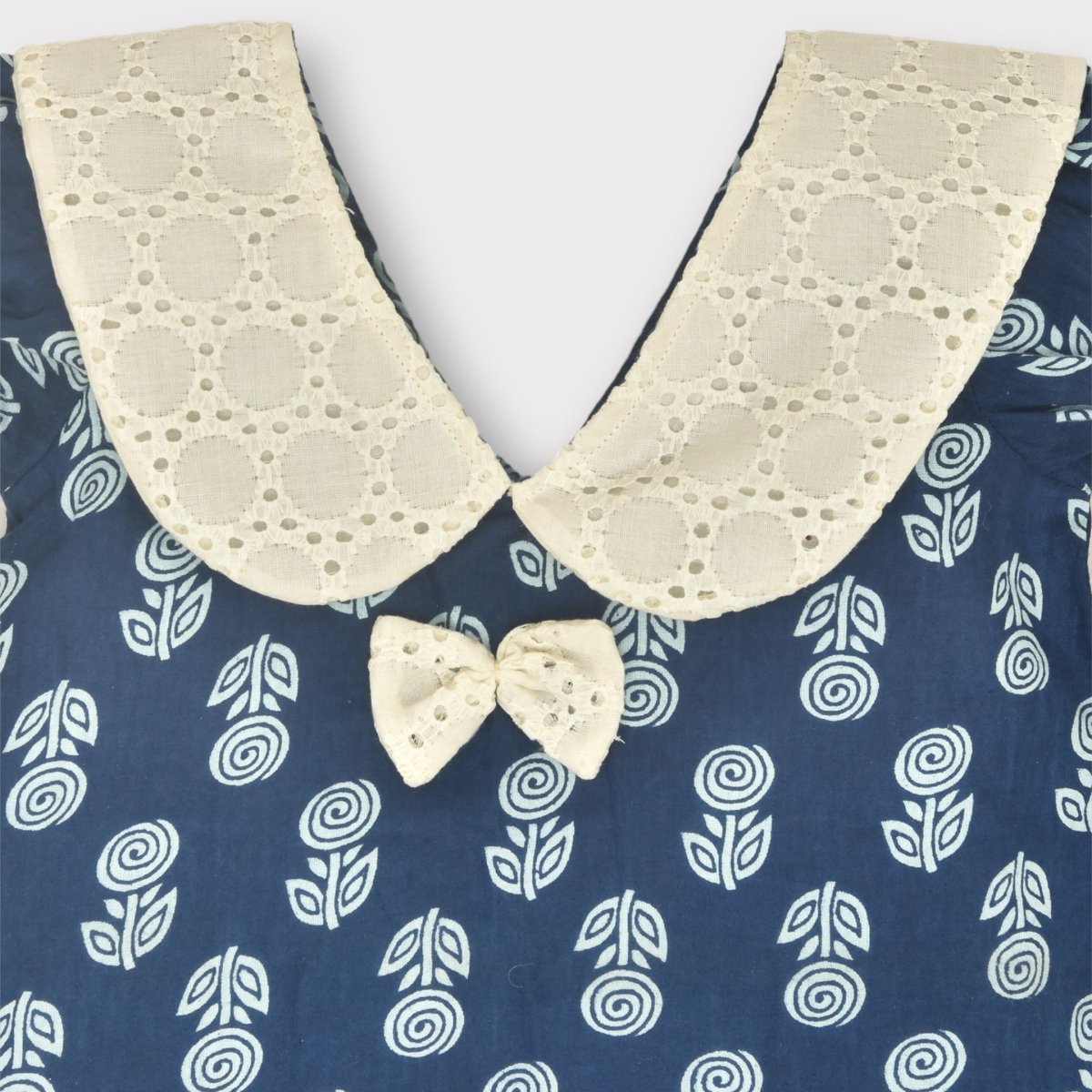 Indigo Printed Cotton Baby Dress with Rose Design