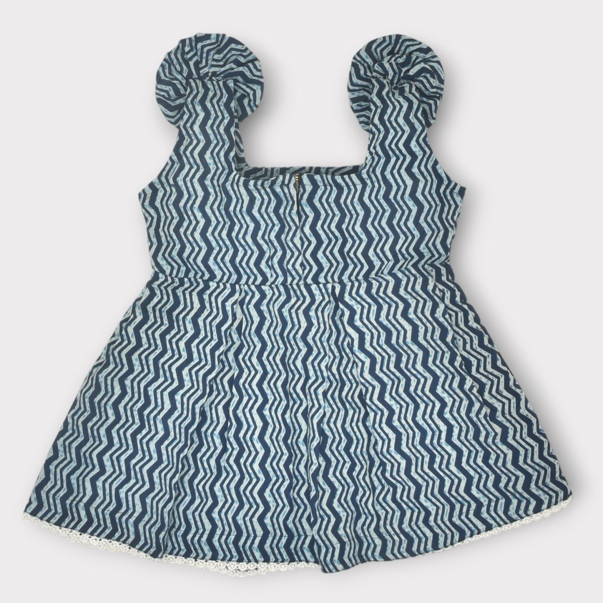 Indigo Printed Cotton Baby Dress with Wave Design