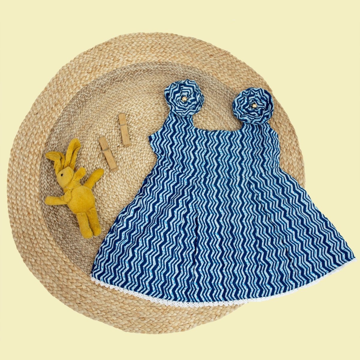 Indigo Printed Cotton Baby Dress with Wave Design | Verified Sustainable by Brown Living™