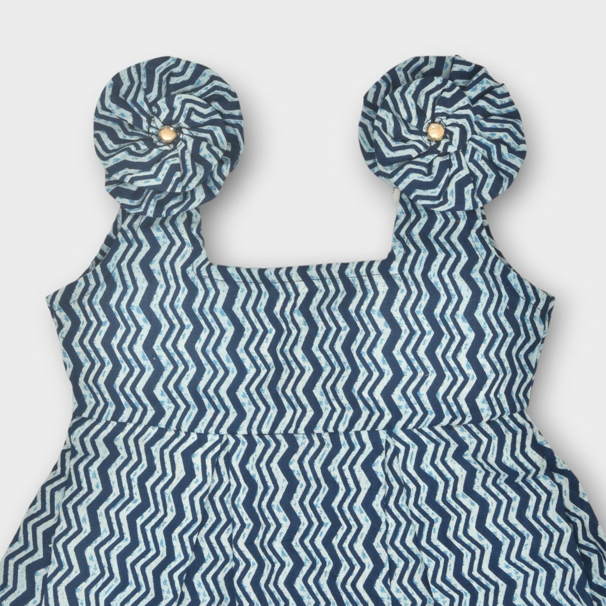 Indigo Printed Cotton Baby Dress with Wave Design