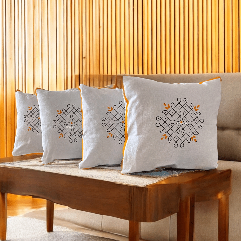 Kolam Handblock Cotton Cushion Covers with Zipper - Set of 4 | Verified Sustainable by Brown Living™