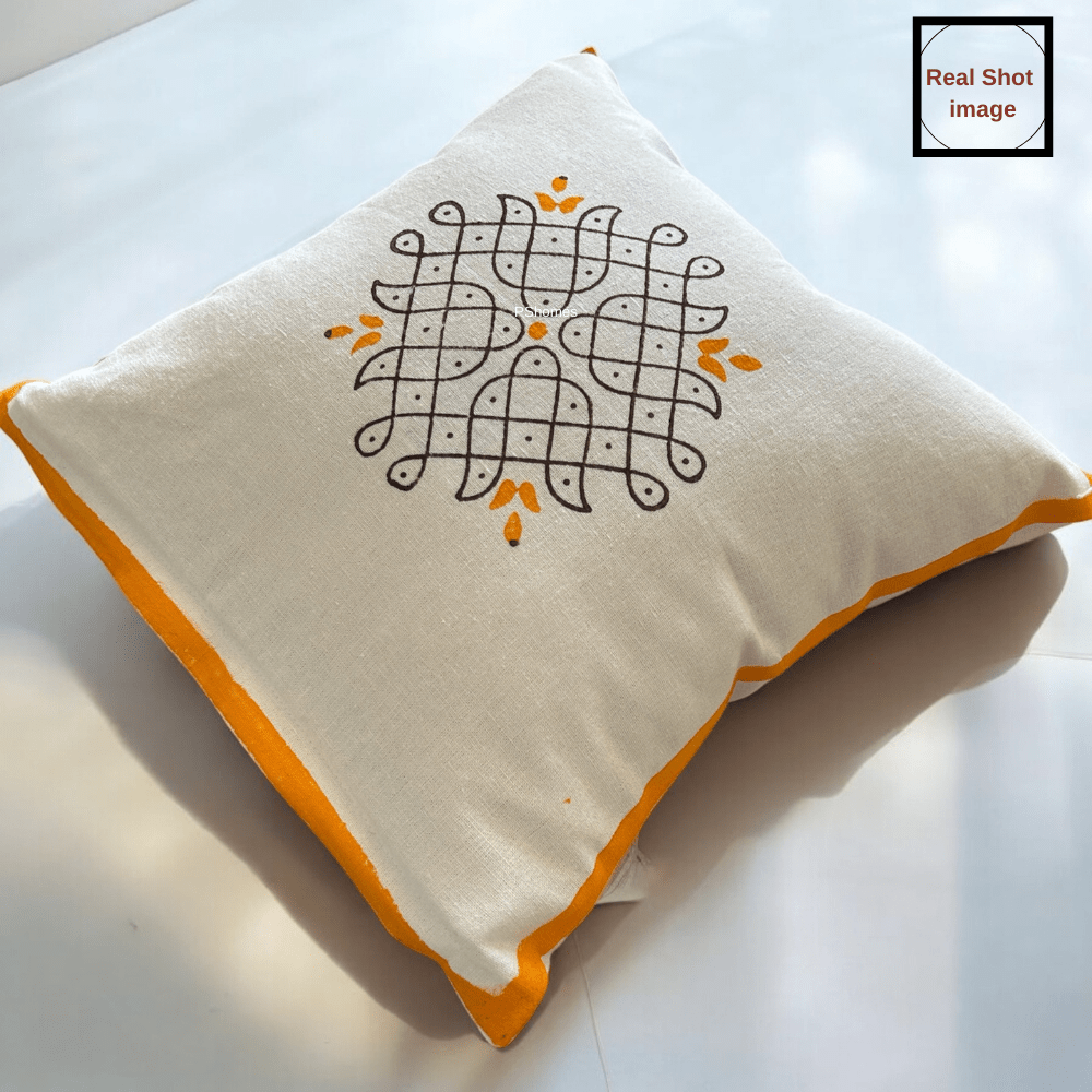 Kolam Handblock Cotton Cushion Covers with Zipper - Set of 4 | Verified Sustainable by Brown Living™
