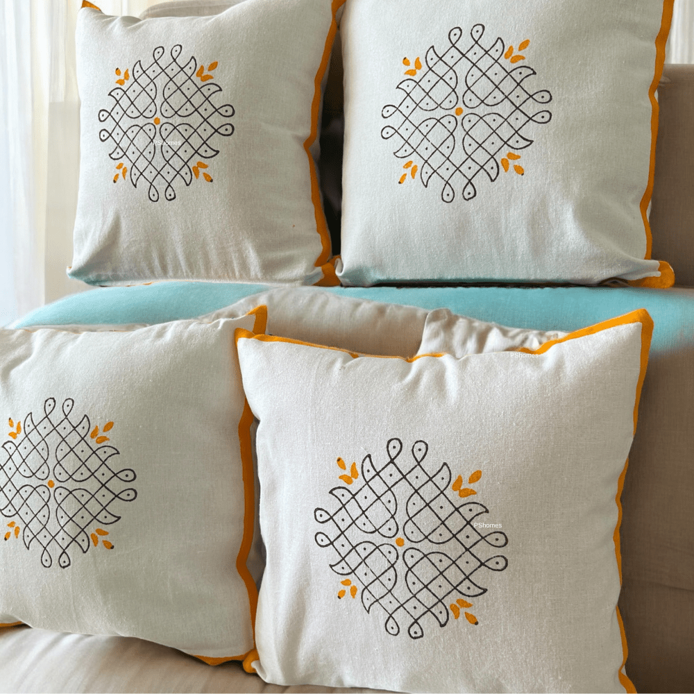 Kolam Handblock Cotton Cushion Covers with Zipper - Set of 4 | Verified Sustainable by Brown Living™