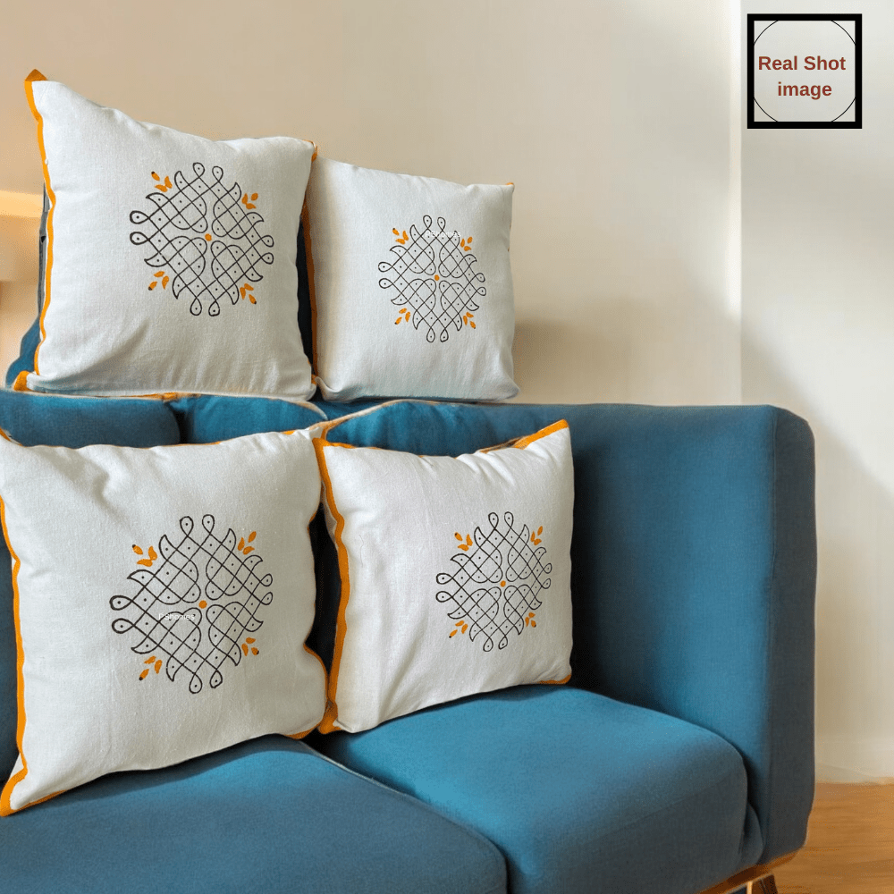 Kolam Handblock Cotton Cushion Covers with Zipper - Set of 4 | Verified Sustainable by Brown Living™