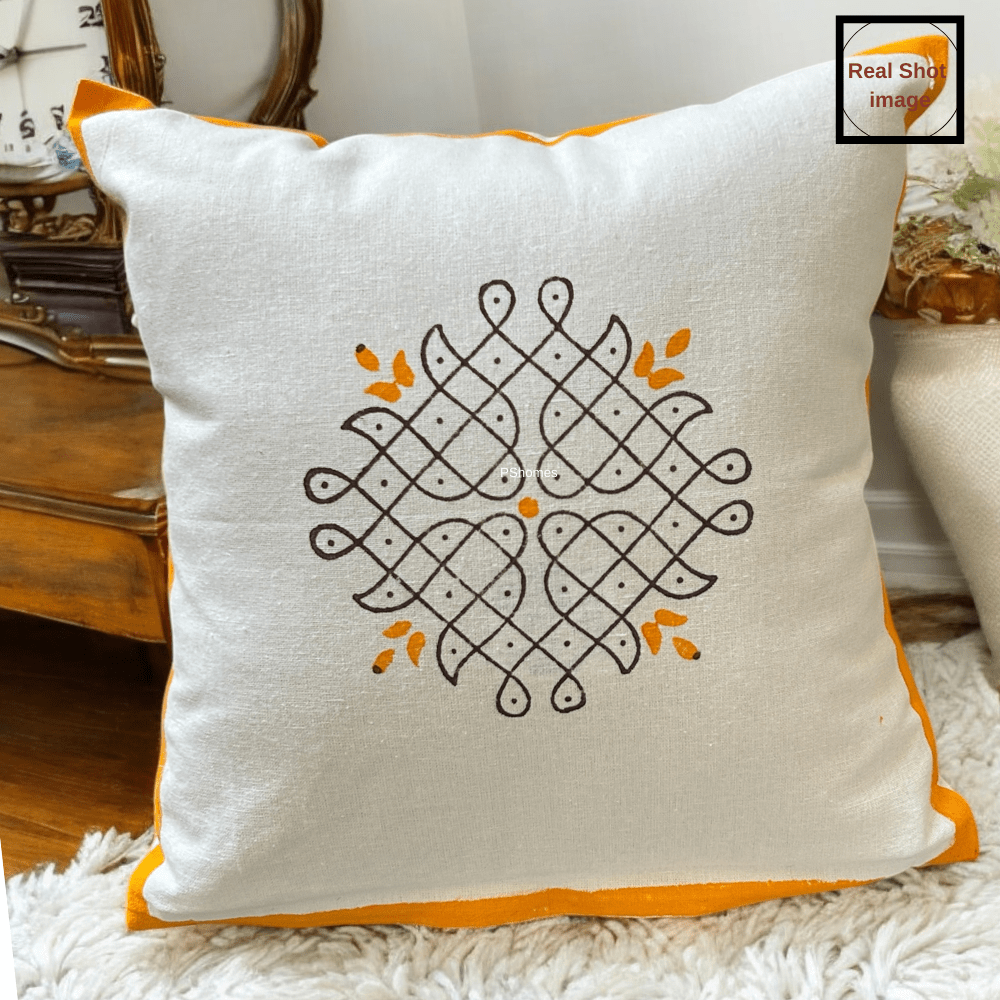 Kolam Handblock Cotton Cushion Covers with Zipper - Set of 4 | Verified Sustainable by Brown Living™