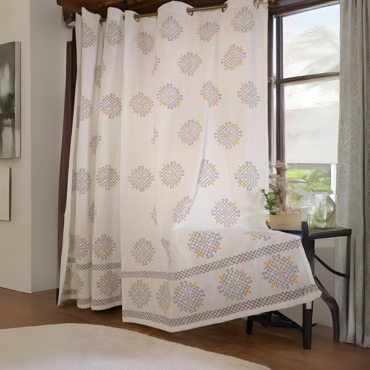 Kolam Print Cotton Door Curtain 7 X 4 ft (Set of 2) | Verified Sustainable by Brown Living™