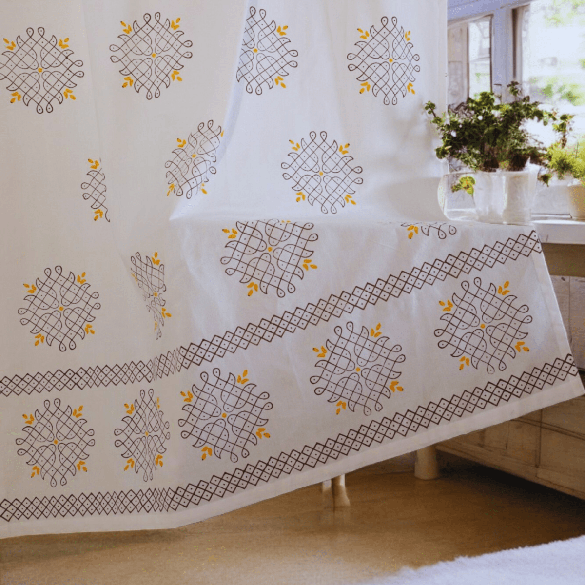 Kolam Print Cotton Door Curtain 7 X 4 ft (Set of 2) – Curtains on Brown Living™. SKU: CURKOLLAM7FEET. Img 1.