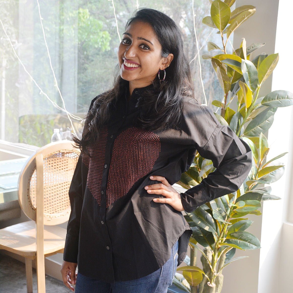 Lined Heart Embroidered Women Shirt - Black – Womens Shirt on Brown Living™. SKU: NANWS005EMB025 - S. Img 2.