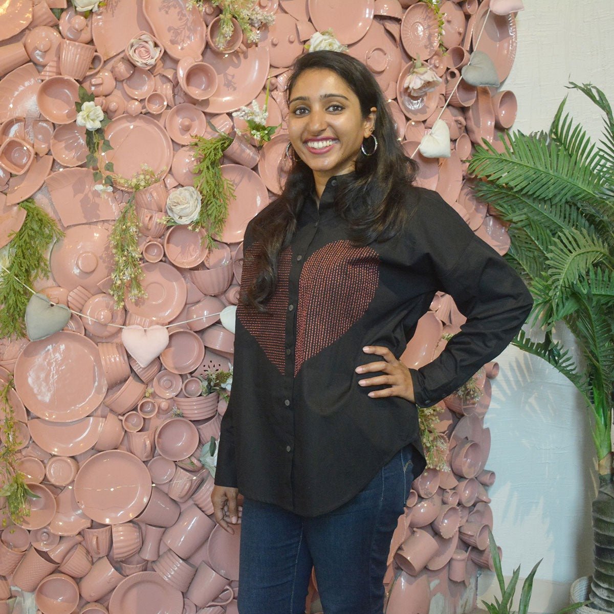 Lined Heart Embroidered Women Shirt - Black – Womens Shirt on Brown Living™. SKU: NANWS005EMB025 - S. Img 1.