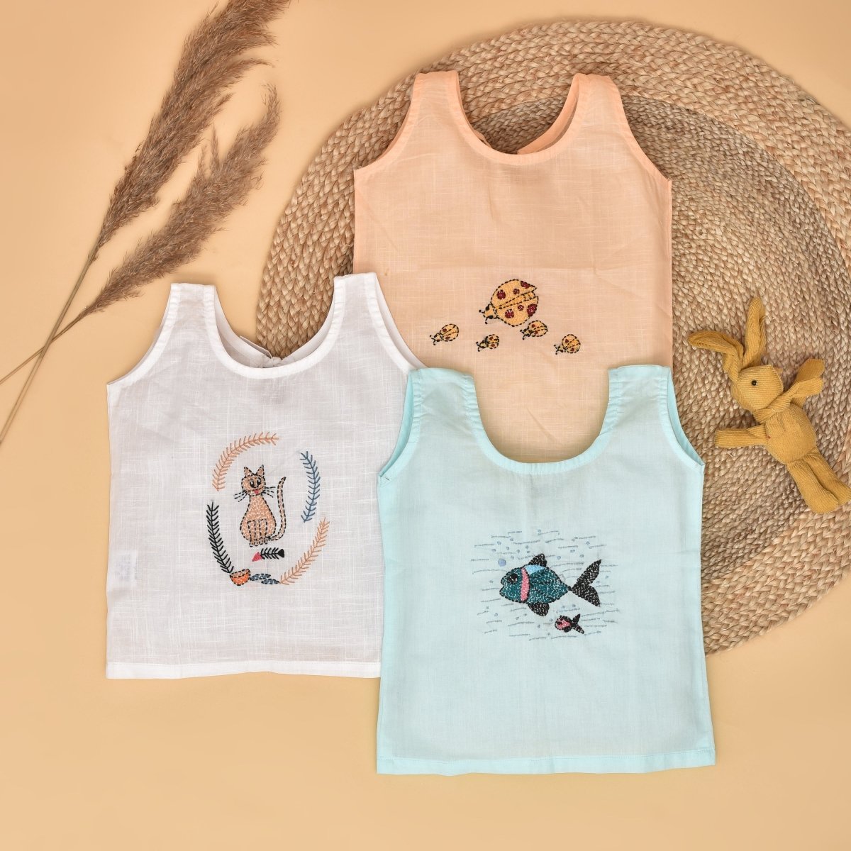 Little Explorers Trio - Cat, Fish & Ladybug Backopen Pure Cotton Baby Jabla Set – Kids Shirts by Stotra available on Brown Living™. Small . SKU: STRCOTMULTBOJAB05 - CFL - S. Img 19.