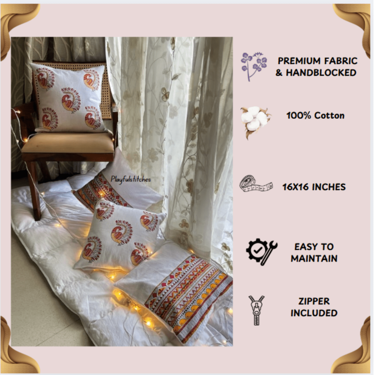 Madhubani Peacock Handblock Cotton Cushion Covers with Zipper - Set of 4 – Covers & Inserts by Playful stitches available on Brown Living™. . SKU: CUSMADHUBANIPEAC4. Img 5.