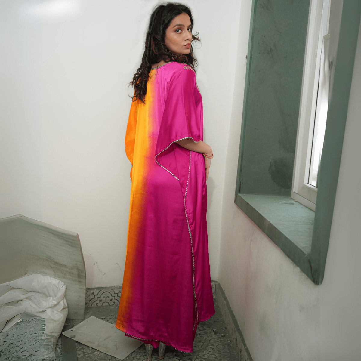 Magenta Mimosa Real Silver Kaftan in Organic Satin | Verified Sustainable by Brown Living™