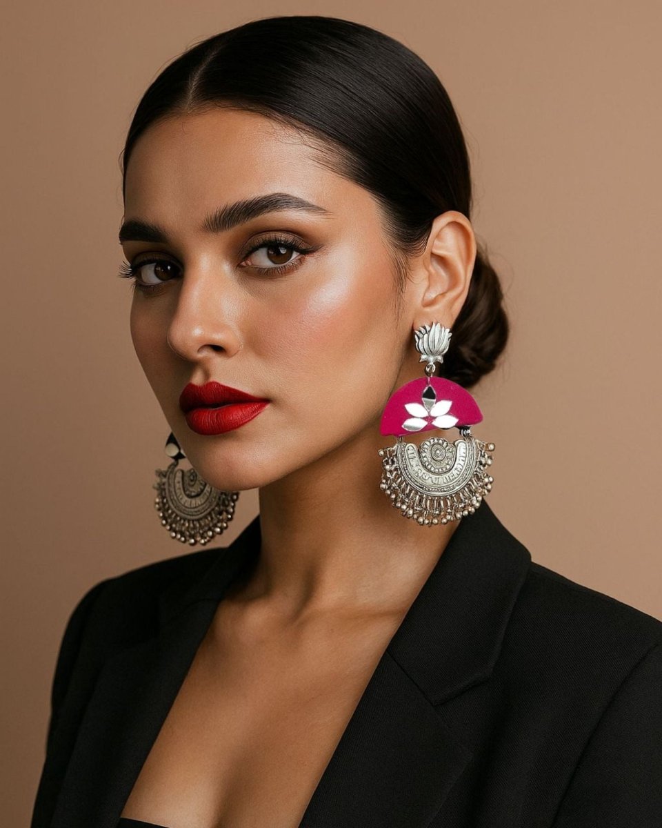 Magenta Pink Oxidised Jhumkas for Bold Look – Womens earrings by The serene by Rainvas available on Brown Living™. . SKU: RVS - SER - EAR - 151. Img 3.