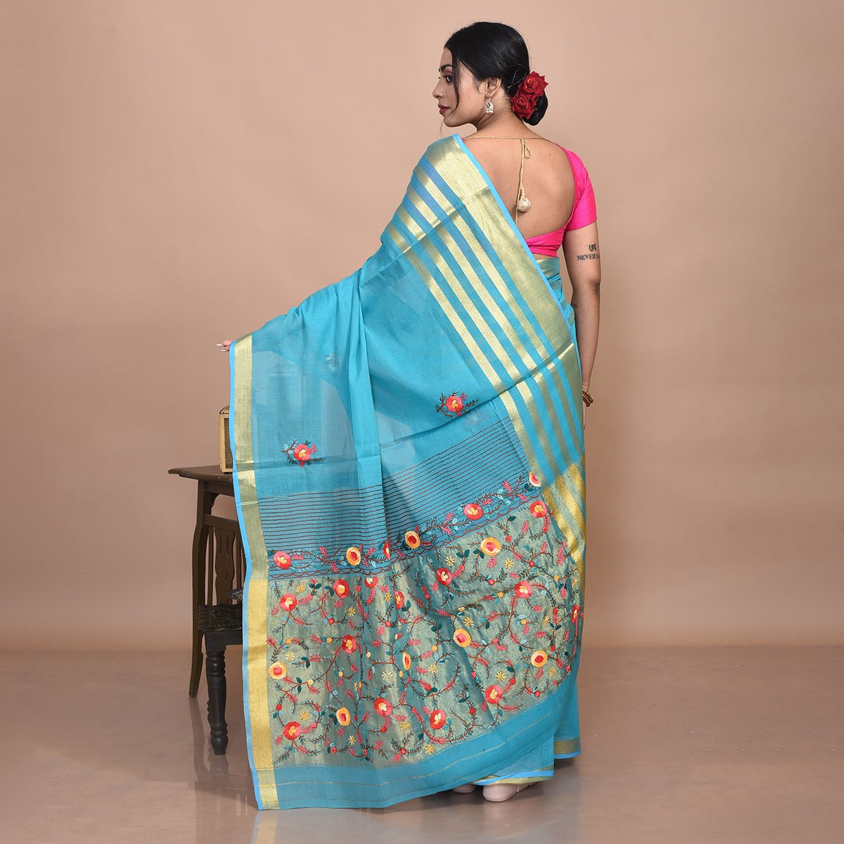 Mercerised Cotton Hand Embroidered Blue Saree – Womens Saree by Stotra available on Brown Living™. . SKU: STRCOTSARBLU07. Img 8.