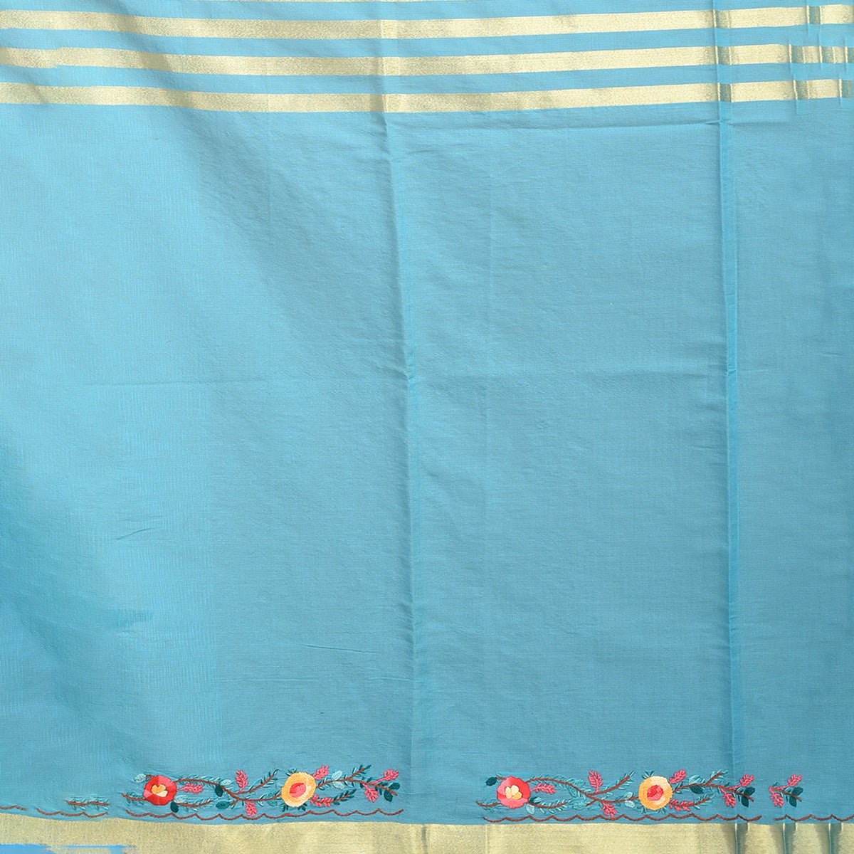 Mercerised Cotton Hand Embroidered Blue Saree – Womens Saree by Stotra available on Brown Living™. . SKU: STRCOTSARBLU07. Img 3.