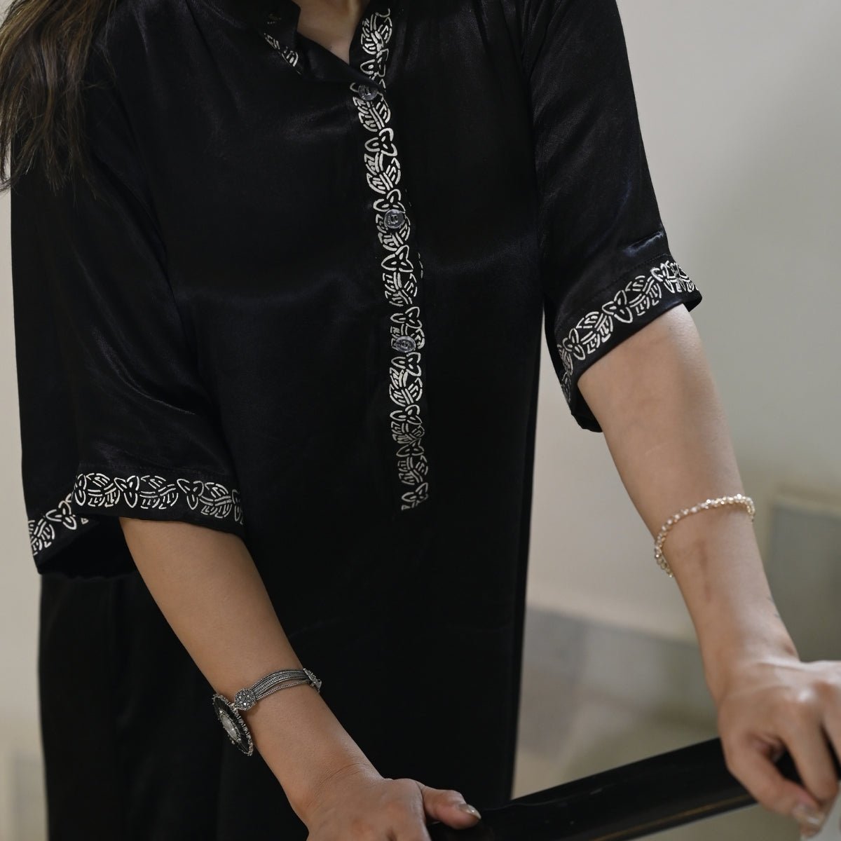 Midnight Real Silver Mashru Straight Dress | Verified Sustainable by Brown Living™