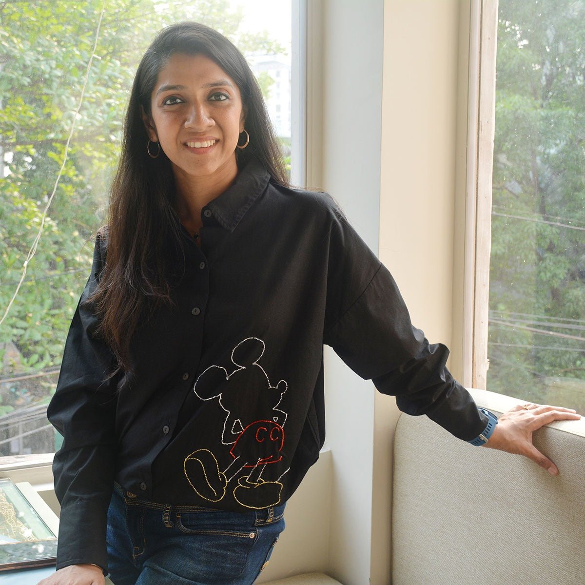 Mouse Embellished Shirt for Women - Black – Womens Shirt on Brown Living™. SKU: NANWS005EMB043 - S. Img 1.