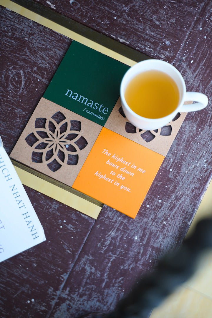 Namaste Coasters - Being one with everything – Table Essentials by White Light Elements available on Brown Living™. . SKU: 123 - 10293 - WLE/RE/NC//01. Img 1.