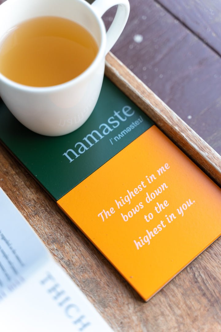 Namaste Coasters - Being one with everything – Table Essentials by White Light Elements available on Brown Living™. . SKU: 123 - 10293 - WLE/RE/NC//01. Img 2.