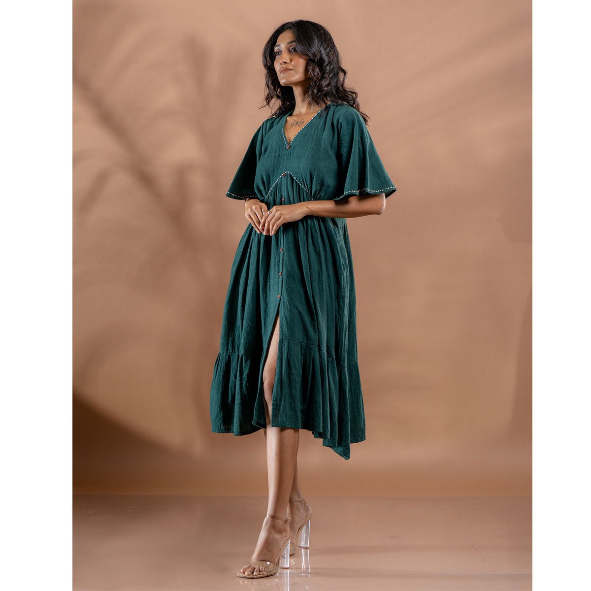 Ocean Fern Kantha Tiered Kala Cotton Dress | Verified Sustainable by Brown Living™