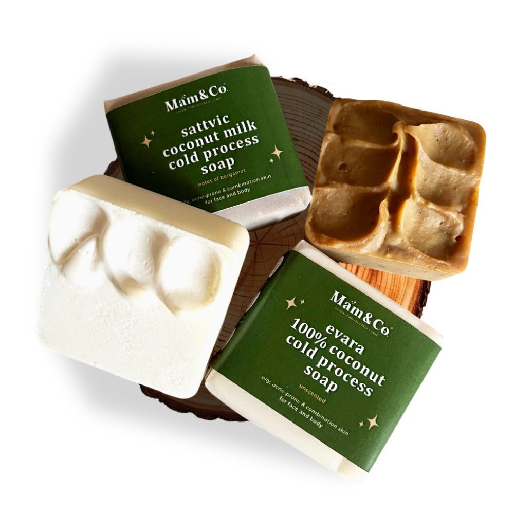 Oily, Acne - prone, Combination Skin types Coconut Milk Cold Process Soap Bundle – Body Soap on Brown Living™. SKU: BUN33. Img 1.