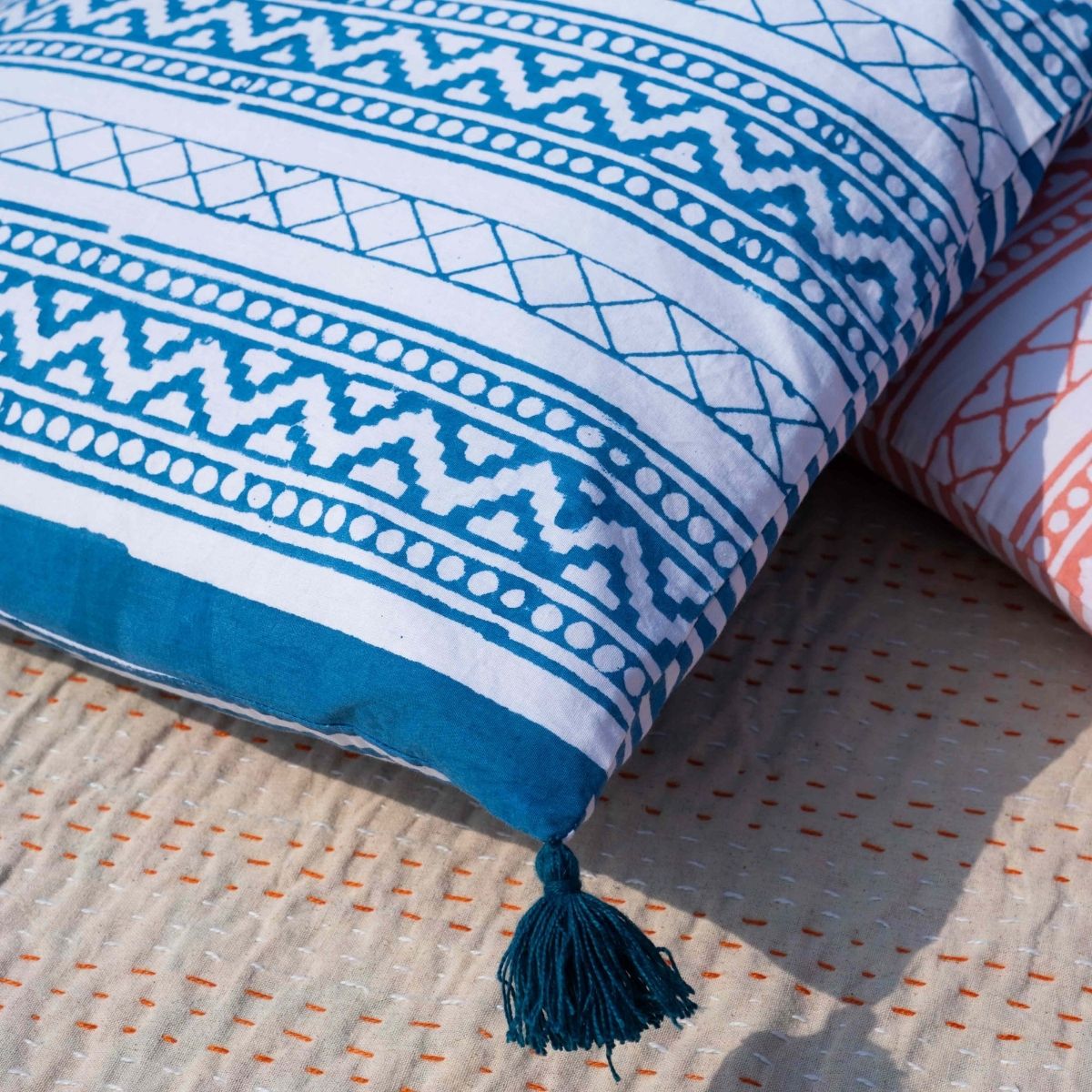 Organic Cotton Blue Victory Stripes Cushion Cover With Pom Poms | Verified Sustainable by Brown Living™