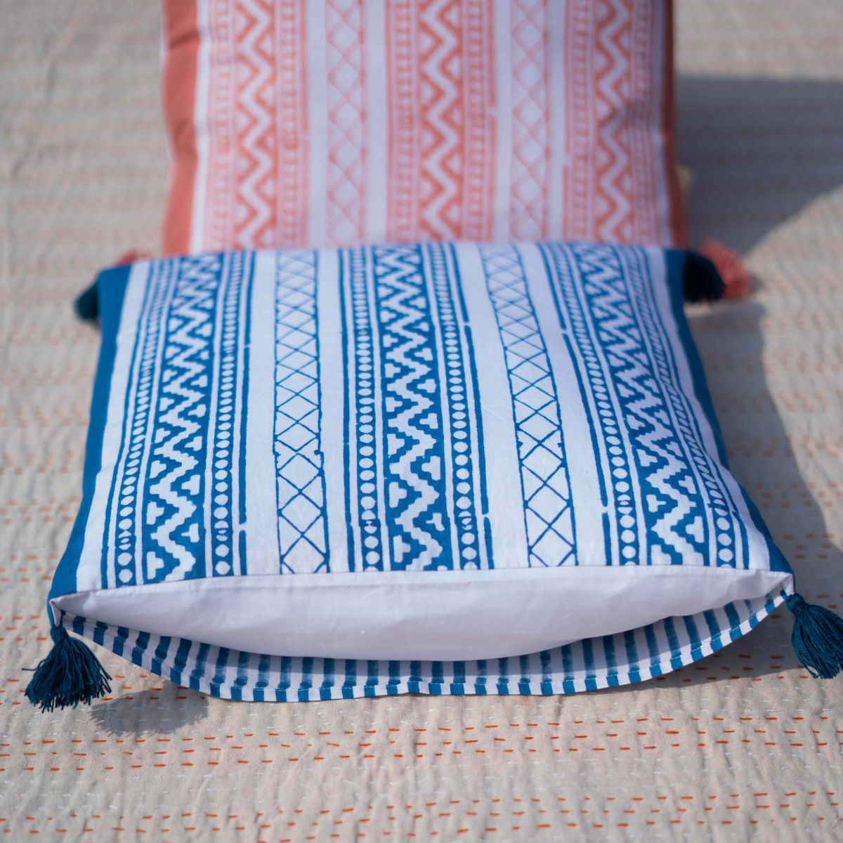 Organic Cotton Blue Victory Stripes Cushion Cover With Pom Poms | Verified Sustainable by Brown Living™