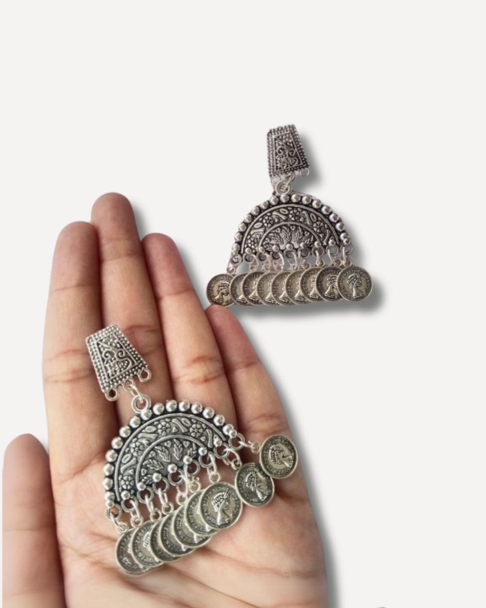 Oxidised Silver Coin Statement Earrings – Womens earrings by The serene by Rainvas available on Brown Living™. . SKU: RVS - SER - EAR - 102. Img 4.