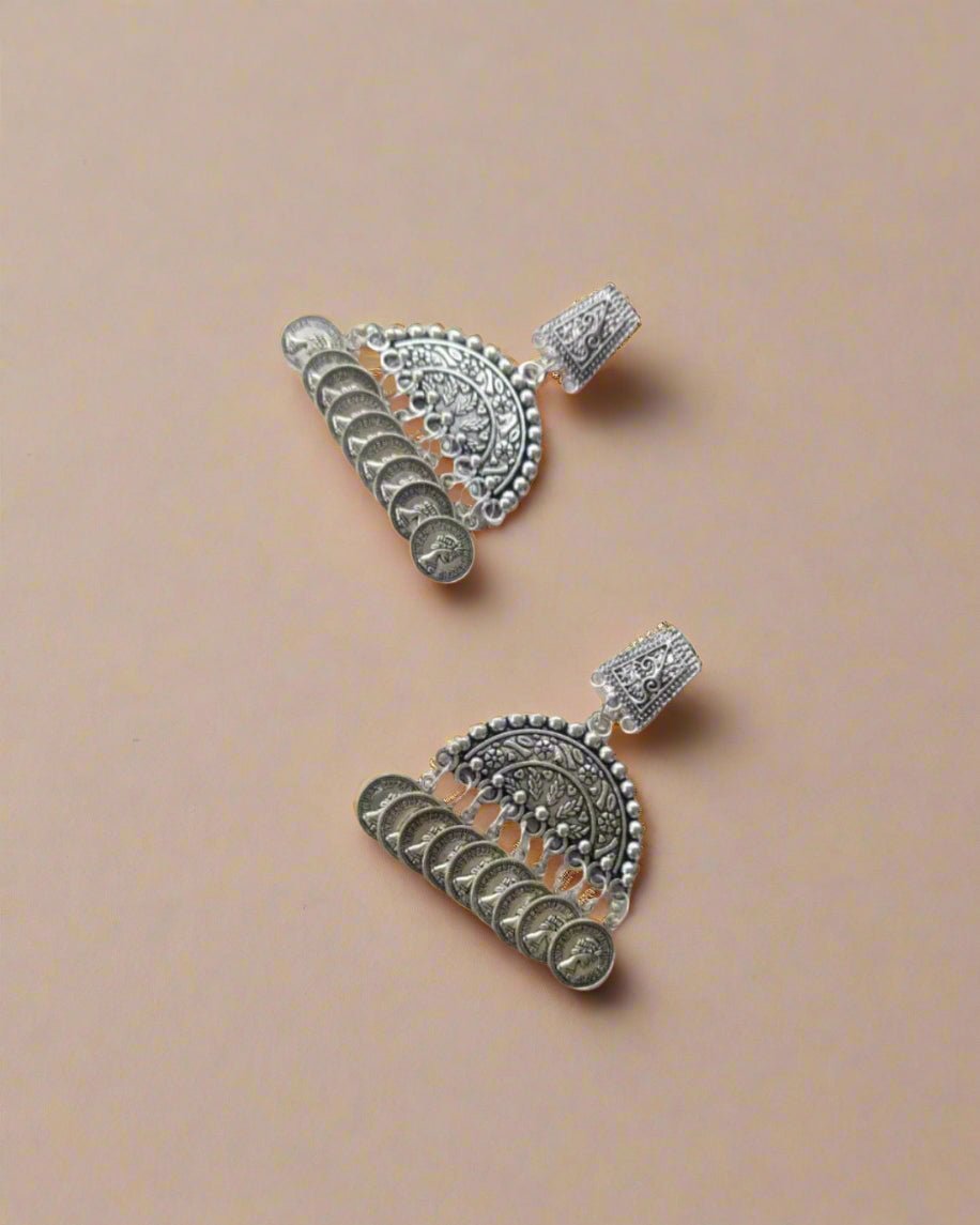 Oxidised Silver Coin Statement Earrings – Womens earrings by The serene by Rainvas available on Brown Living™. . SKU: RVS - SER - EAR - 102. Img 3.