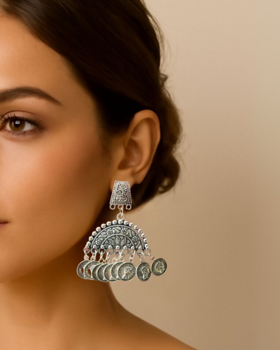 Oxidised Silver Coin Statement Earrings – Womens earrings by The serene by Rainvas available on Brown Living™. . SKU: RVS - SER - EAR - 102. Img 2.