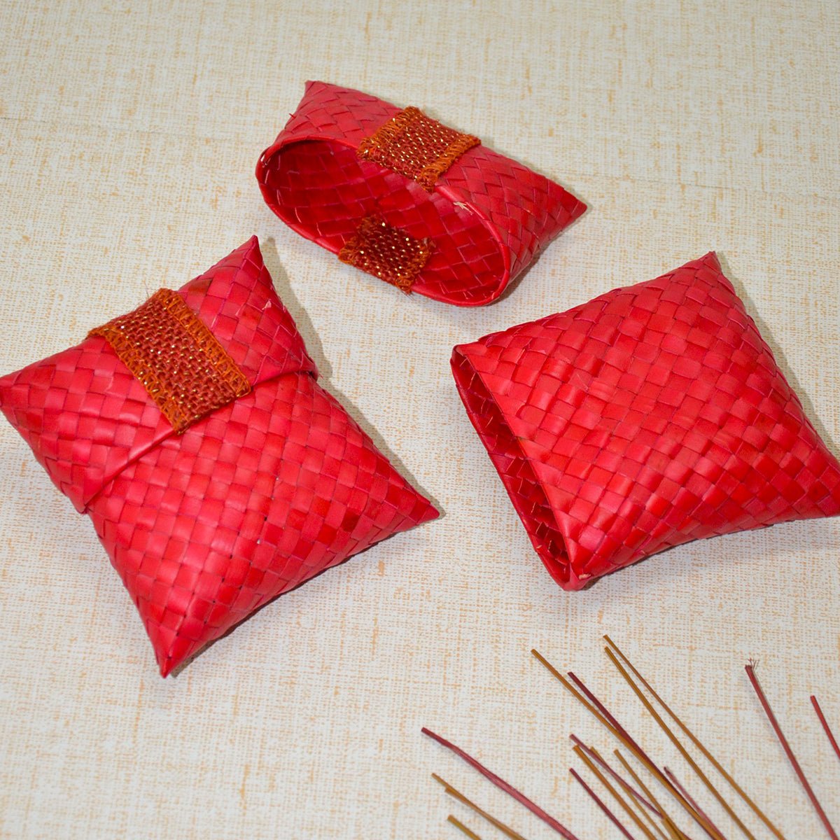 Palm Leaf Gift & Utility Pouch (Set of 2) – Baskets & Boxes by DHARINI available on Brown Living™. Red Charcoal . SKU: PLGPOU003A. Img 7.