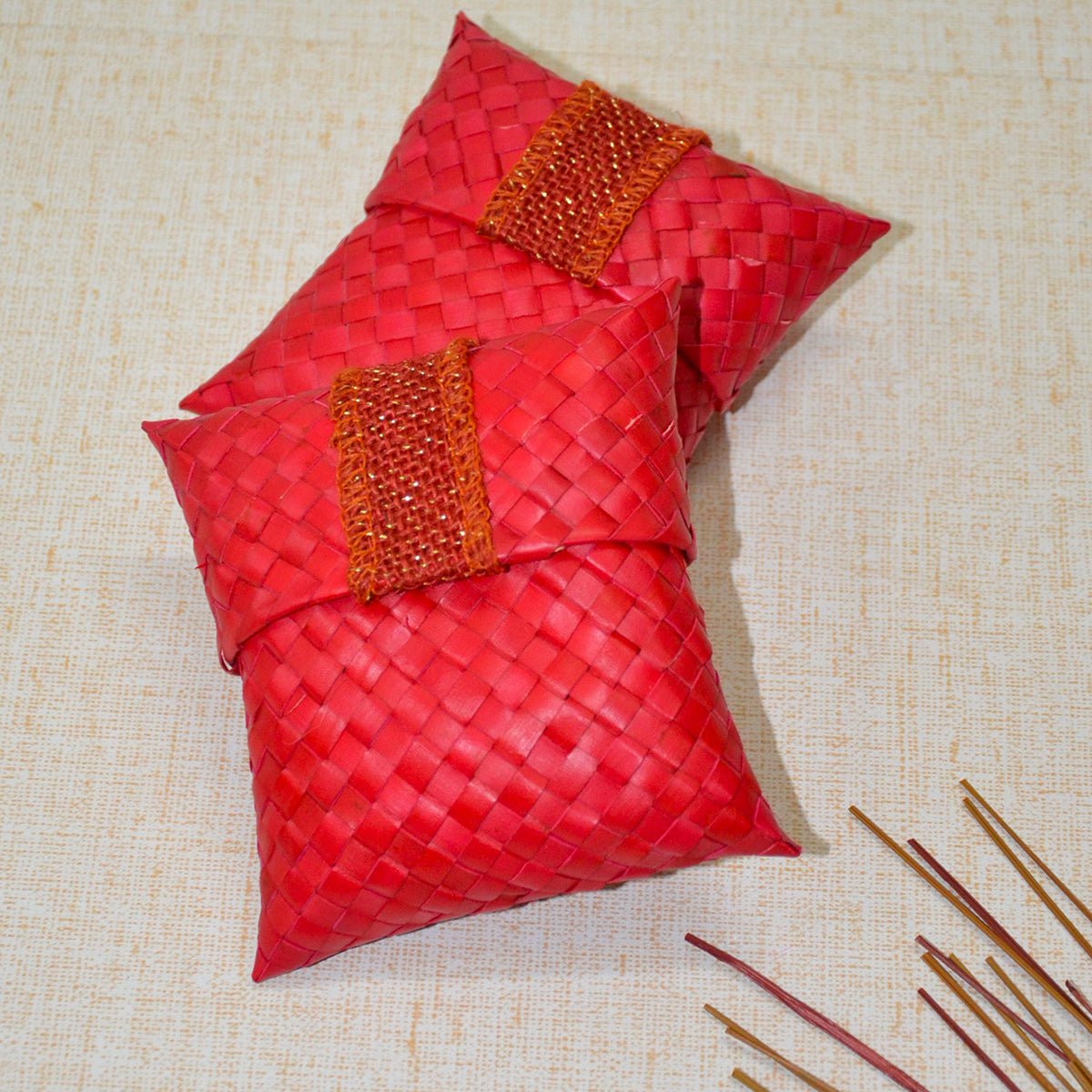 Palm Leaf Gift & Utility Pouch (Set of 2) – Baskets & Boxes by DHARINI available on Brown Living™. Turquoise . SKU: PLGPOU003B. Img 5.
