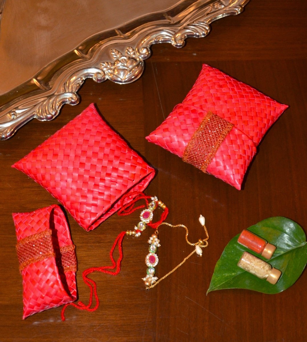 Palm Leaf Gift & Utility Pouch (Set of 2) – Baskets & Boxes by DHARINI available on Brown Living™. Red Charcoal . SKU: PLGPOU003A. Img 8.