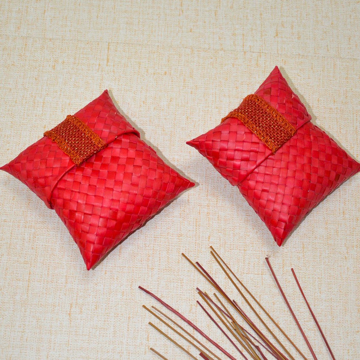 Palm Leaf Gift & Utility Pouch (Set of 2) – Baskets & Boxes by DHARINI available on Brown Living™. Red Charcoal . SKU: PLGPOU003A. Img 6.