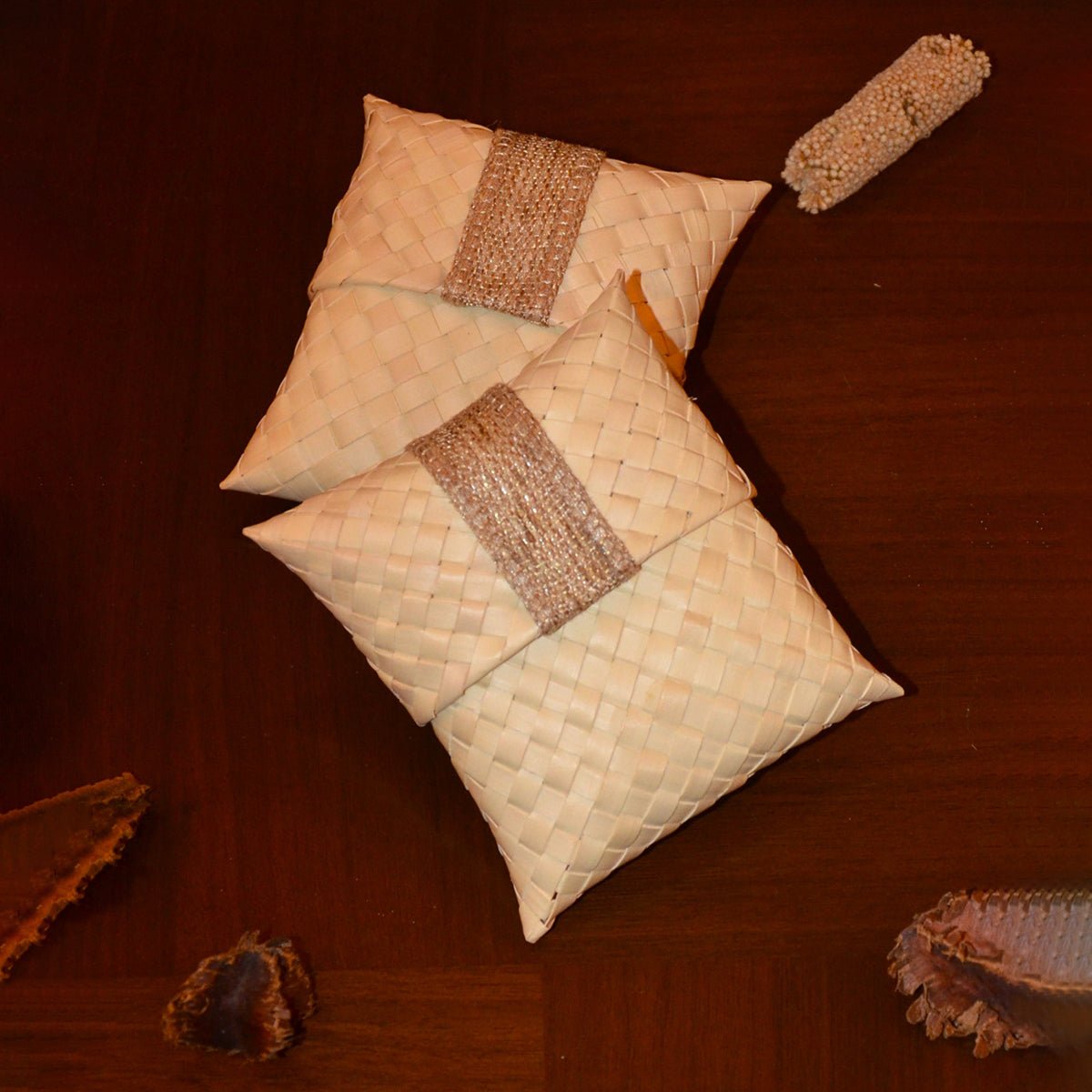 Palm Leaf Gift & Utility Pouch (Set of 2) – Baskets & Boxes by DHARINI available on Brown Living™. Red Charcoal . SKU: PLGPOU003A. Img 9.