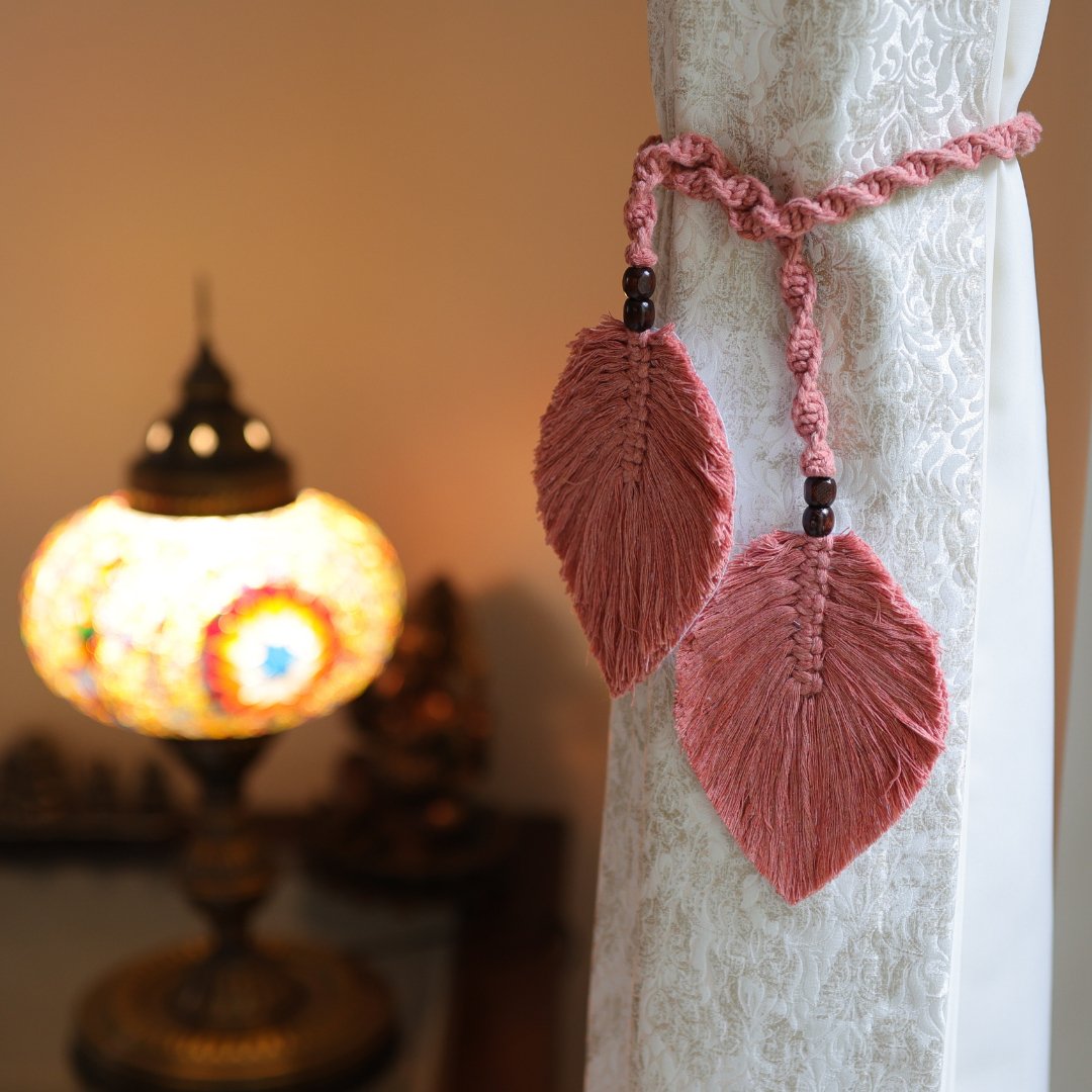 Peach Macrame Leaf Curtain Ties – Curtain Holdbacks & Tassels on Brown Living™. SKU: SAR149. Img 7.