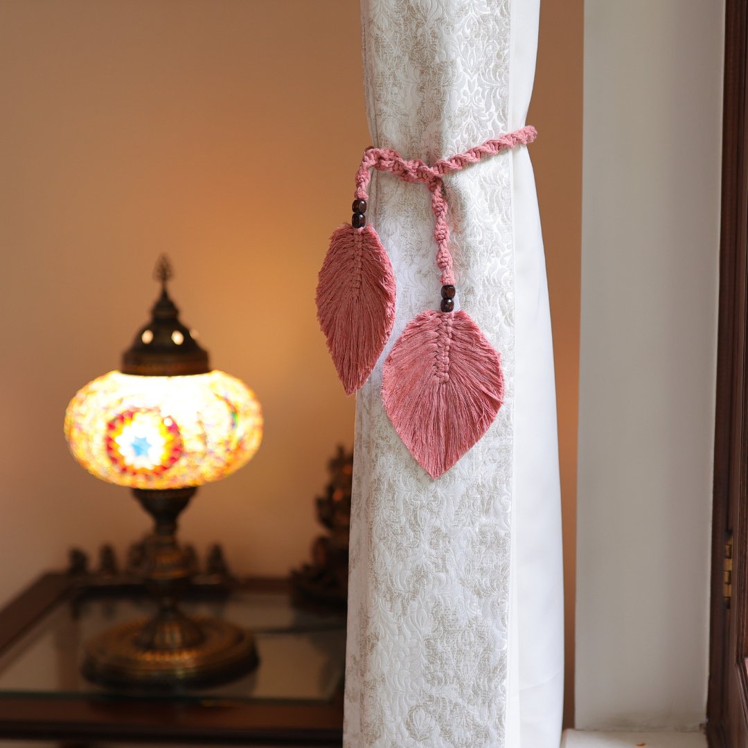 Peach Macrame Leaf Curtain Ties – Curtain Holdbacks & Tassels on Brown Living™. SKU: SAR149. Img 6.