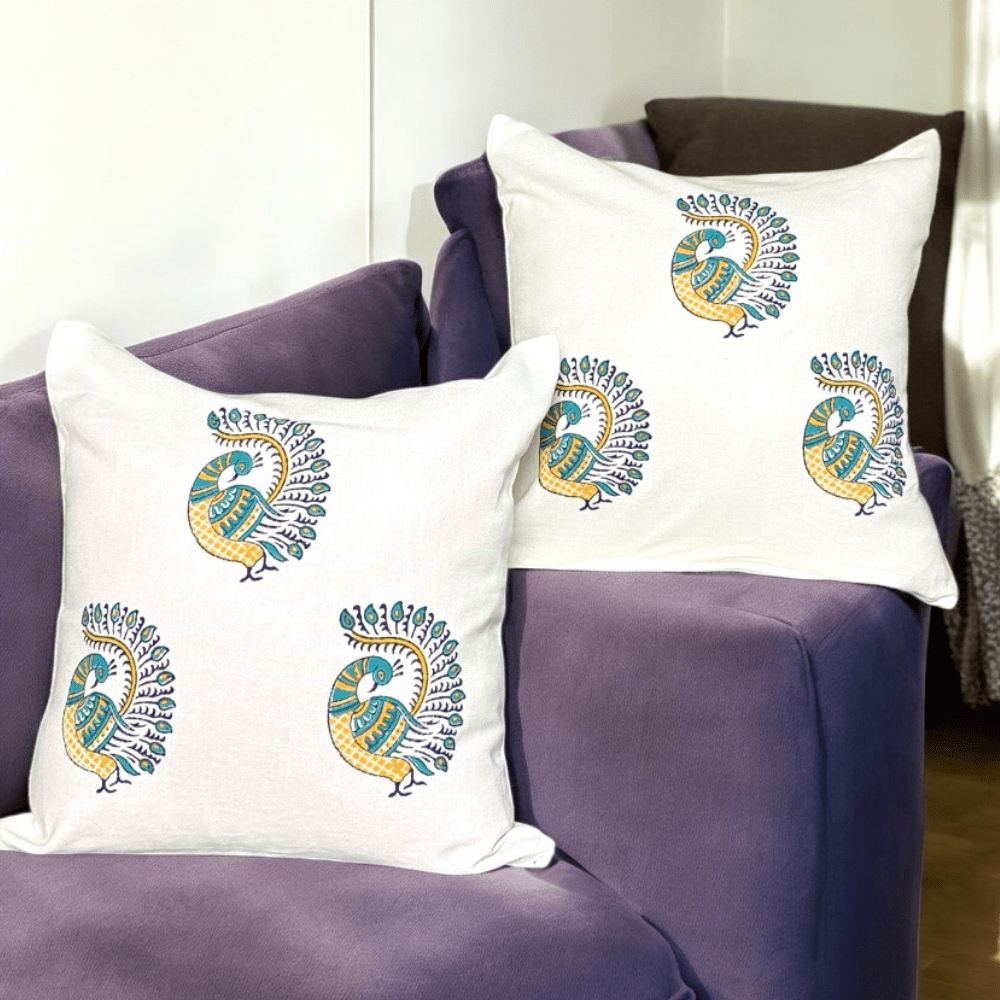 Peacock Cotton Cushion Covers With Zip – Set of 2 – 16x16 – Covers & Inserts on Brown Living™. SKU: CUSBLUPEAK16162. Img 1.