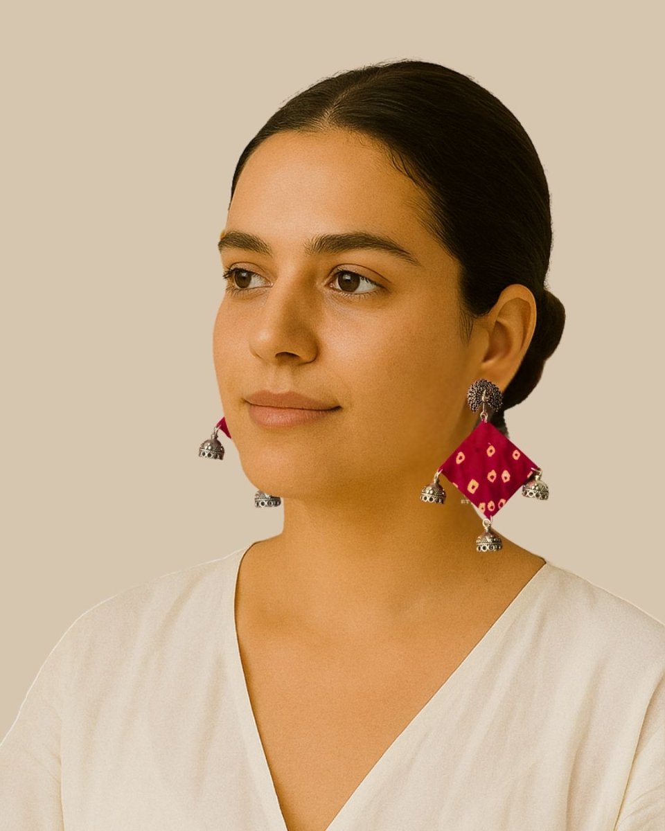 Pink bandhani fabric jhumka earrings for women – Womens earrings by The serene by Rainvas available on Brown Living™. . SKU: RVS - SER - EAR - 101. Img 2.
