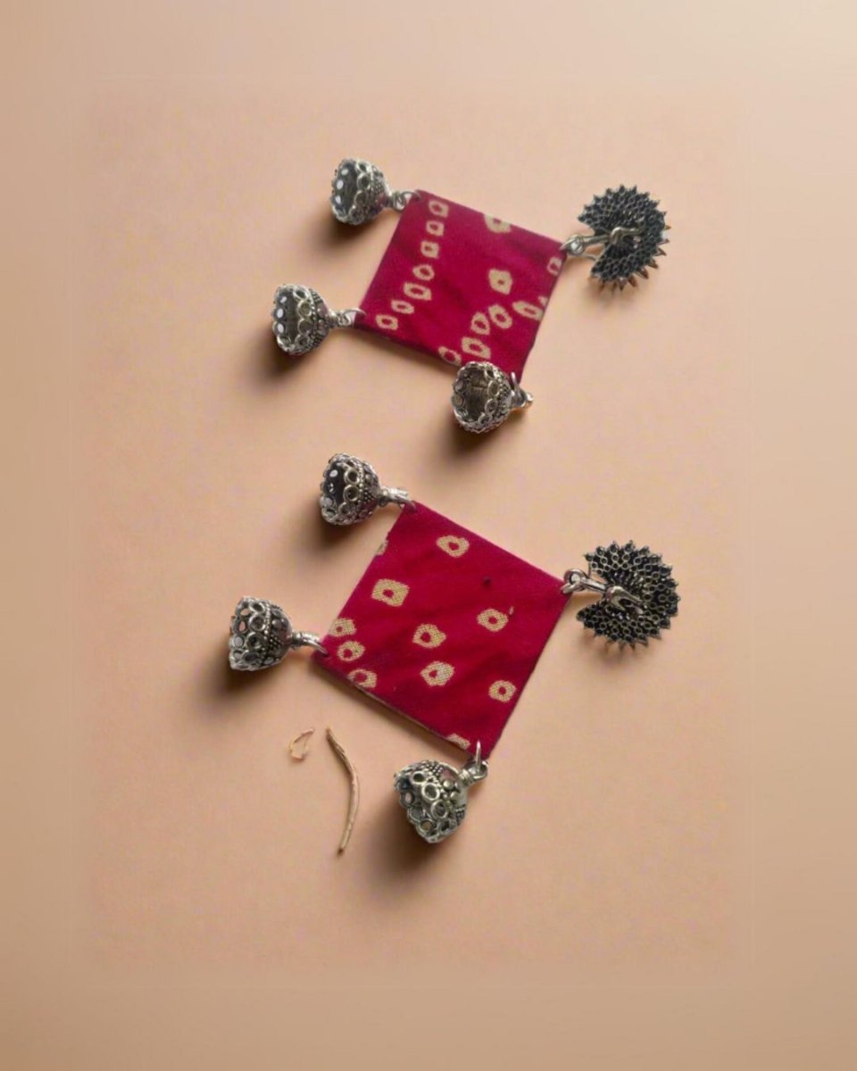 Pink bandhani fabric jhumka earrings for women – Womens earrings by The serene by Rainvas available on Brown Living™. . SKU: RVS - SER - EAR - 101. Img 3.