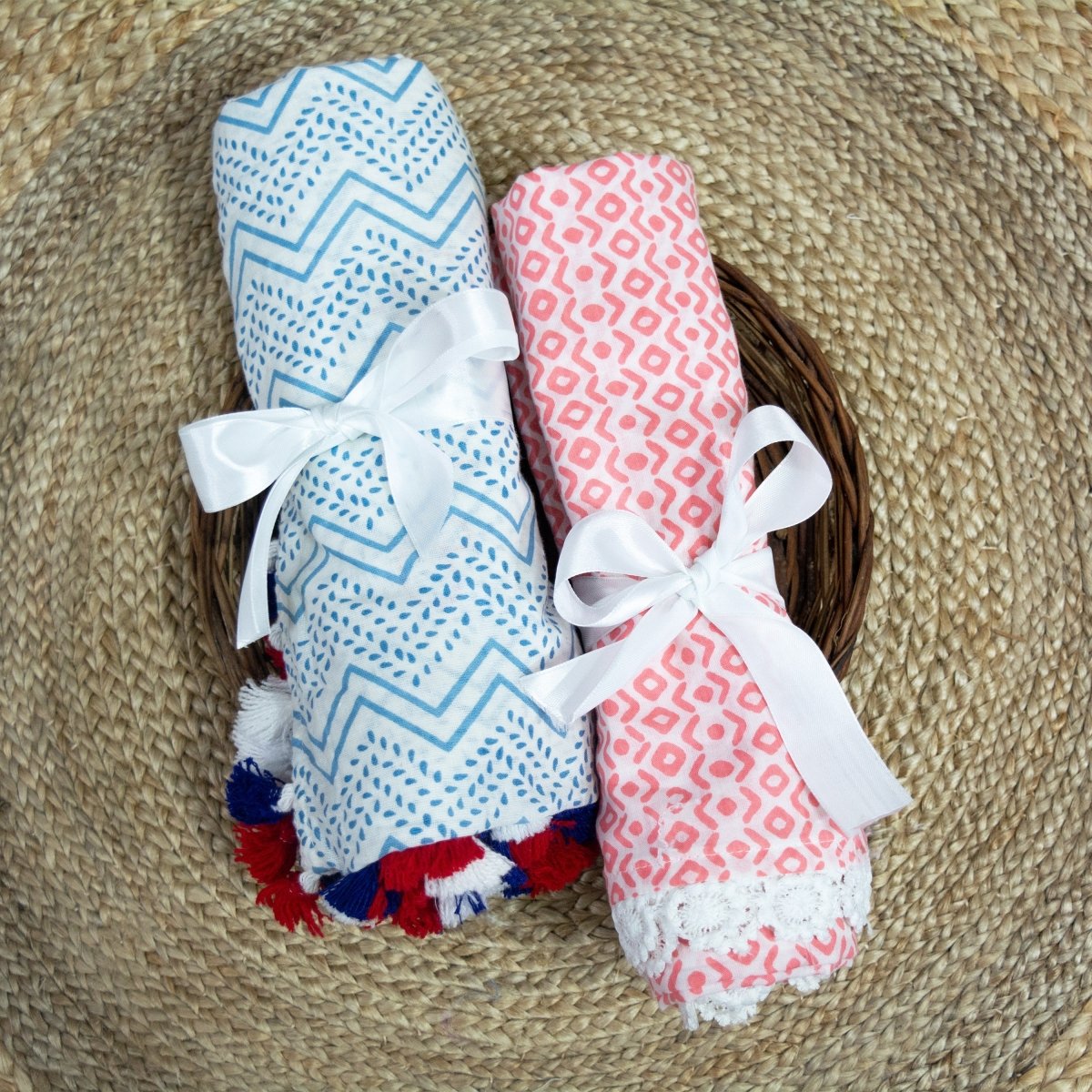 Pink Lace Design and Blue Wave Design Cotton Swaddle Combo - Set of 2 | Verified Sustainable by Brown Living™